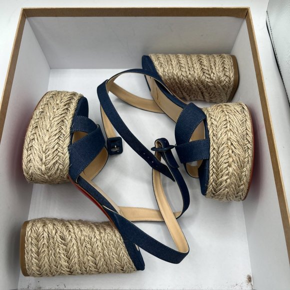 Christian Louboutin Super Mariza Denim Platform Red Bottom Espadrilles Sz 37 - Picture 5 of 12